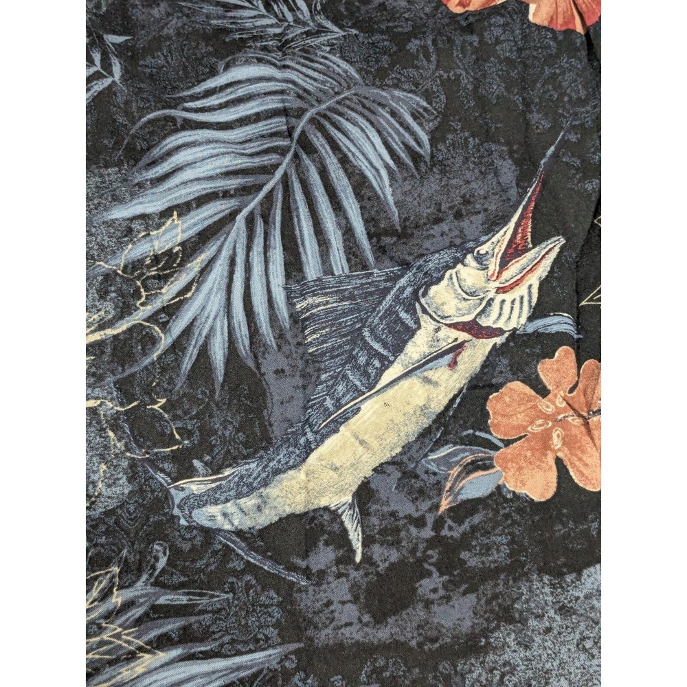 REEL LEGENDS Floral Swordfish Print Men Large Black Cotton Blend Hawaiian Shirt - Picture 14 of 15